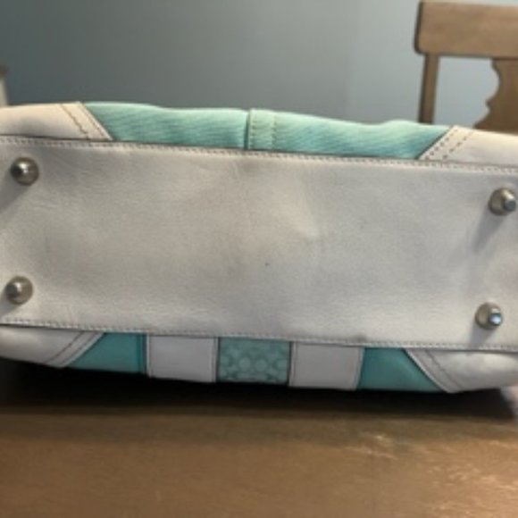 Coach Turquoise and White Stachel Tote Handbag - Picture 7 of 8